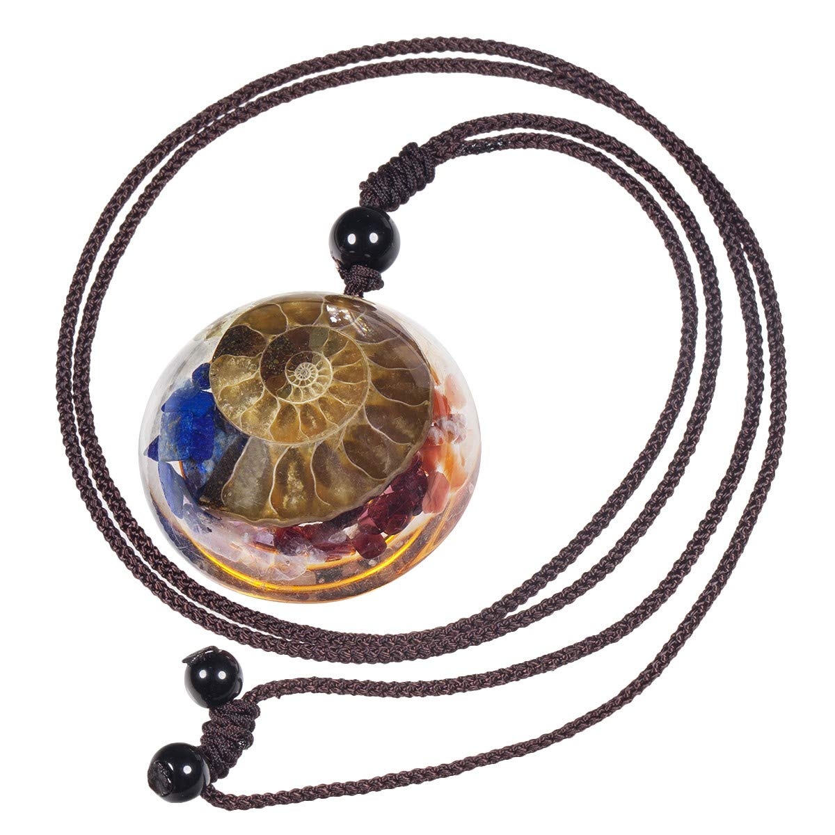 Nupuyai Ammonite Fossil Stone Pendant Necklace for Women Men, Snail Chakra Crystal Jewelry Adjustable Braided Cord 18"-30"