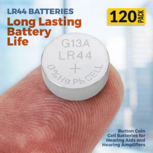 LR44 Batteries - 120 Count Pack - 1.5V Alkaline AG13 357 303 SR44 Battery Button Coin Cell Batteries for Hearing Aids and Hearing Amplifiers