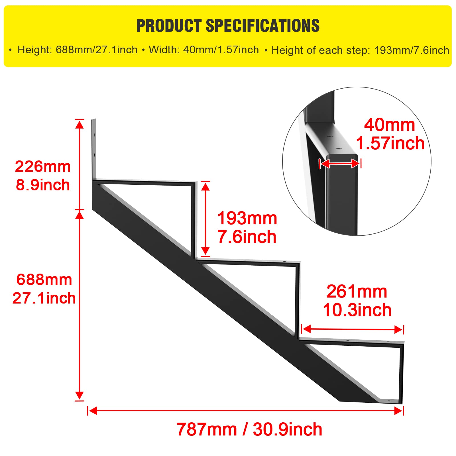 Doniks Steel Stair Step Riser -3 Step for Deck Height 27 Inches metal Stair Stringer Step Stringer support connector Frame hanger bracket