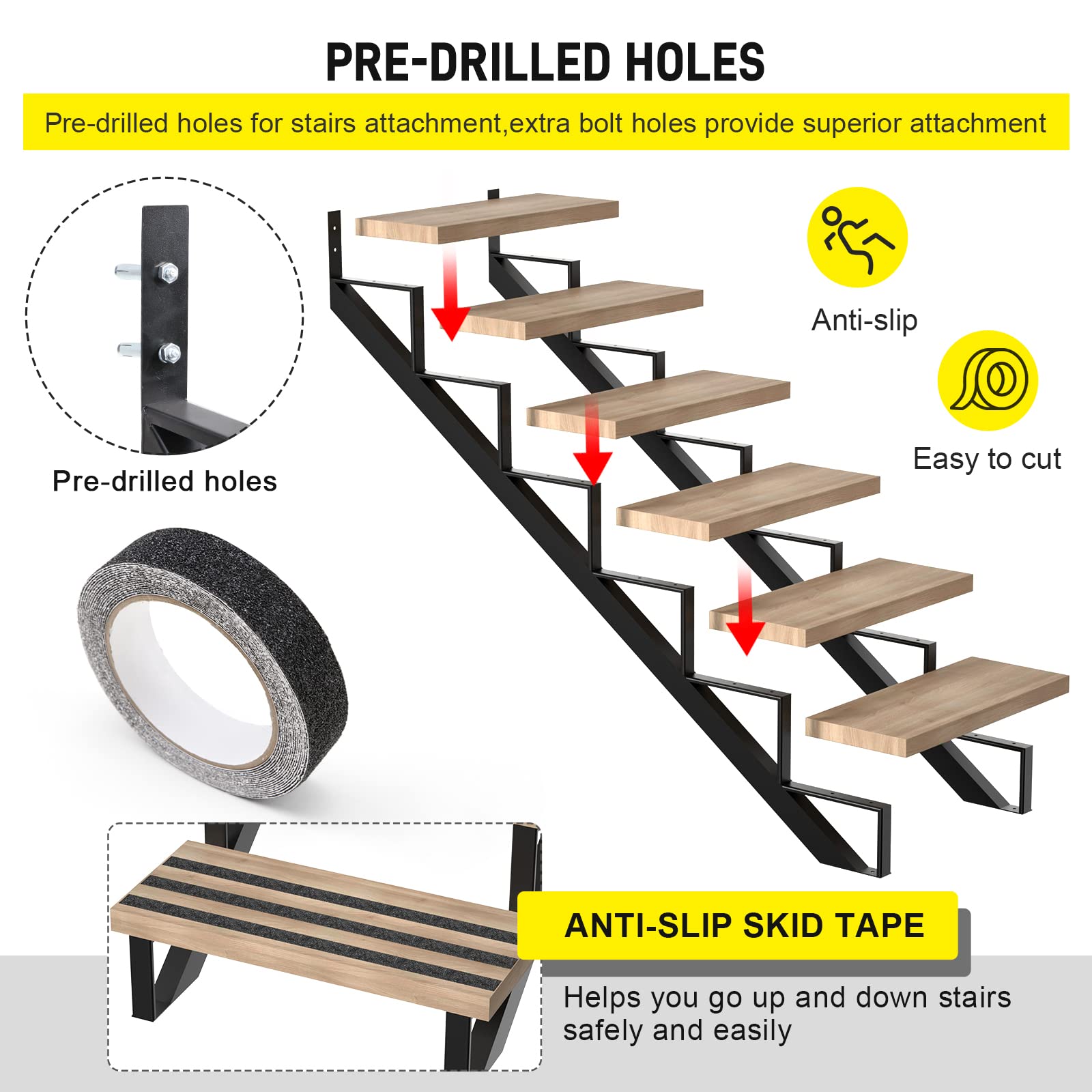 Doniks Steel Stair Step Riser -6 Step for Deck Height 49.4 Inches Metal Stair Stringer Step Stringer Support Connector Frame Hanger Bracket