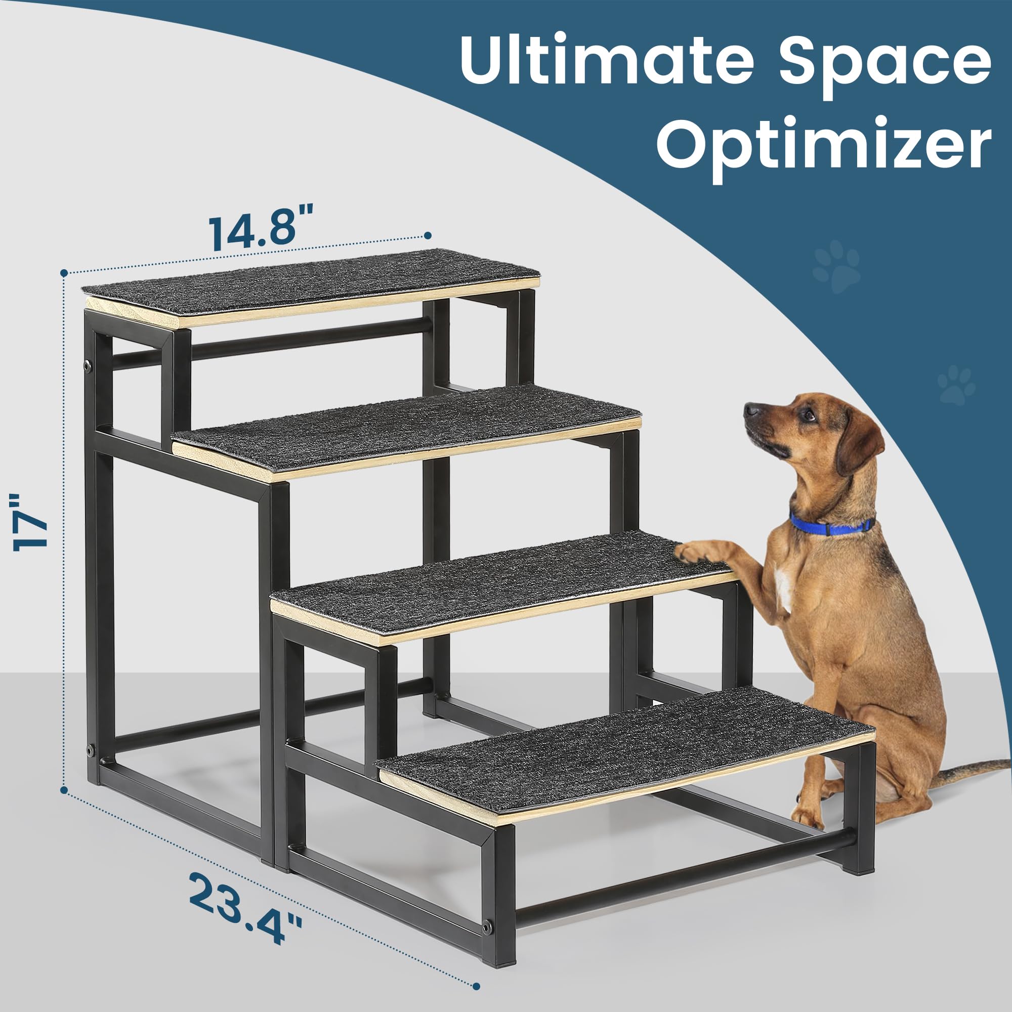 Senneny Dog Stairs for Dogs up to 160 lbs, Pet Stairs with Sturdy Steel Frame, Solid Wood Steps and Non-Slip Stair Tread, Dog Steps for High Bed, 4 Step