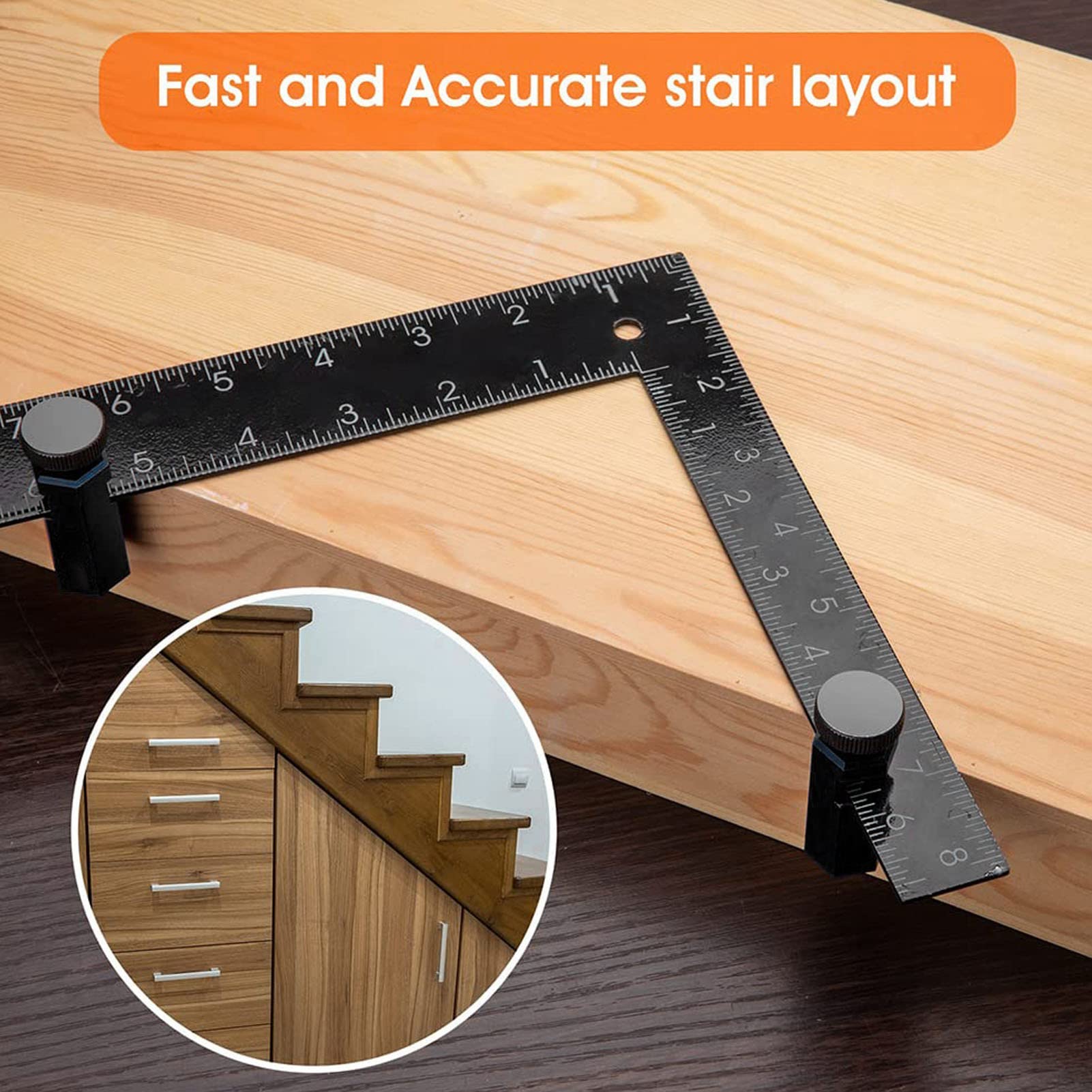 Stair Gauge, Stair Gauges for Framing Square, Tall Stair Gauges, Non Slip Stair Stringer Layout Tool, Aluminum Framing Square Stops with Holder for Circular Saw Rip Guide(Black)