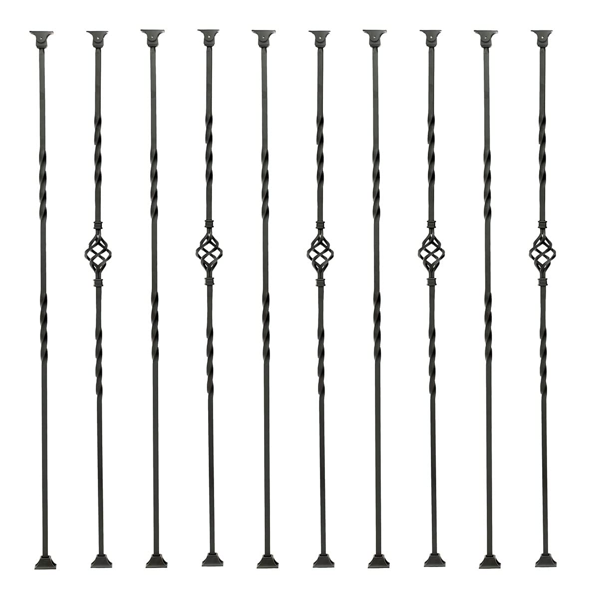 1/2 inch Wrought Iron Balusters 1/2" x 44" Hollow Single Basket Black Iron Spindles Double Twist Square Metal Balusters Stair Satin Black Railing with Adjustable Iron Baluster Swivel Shoes Set of 10