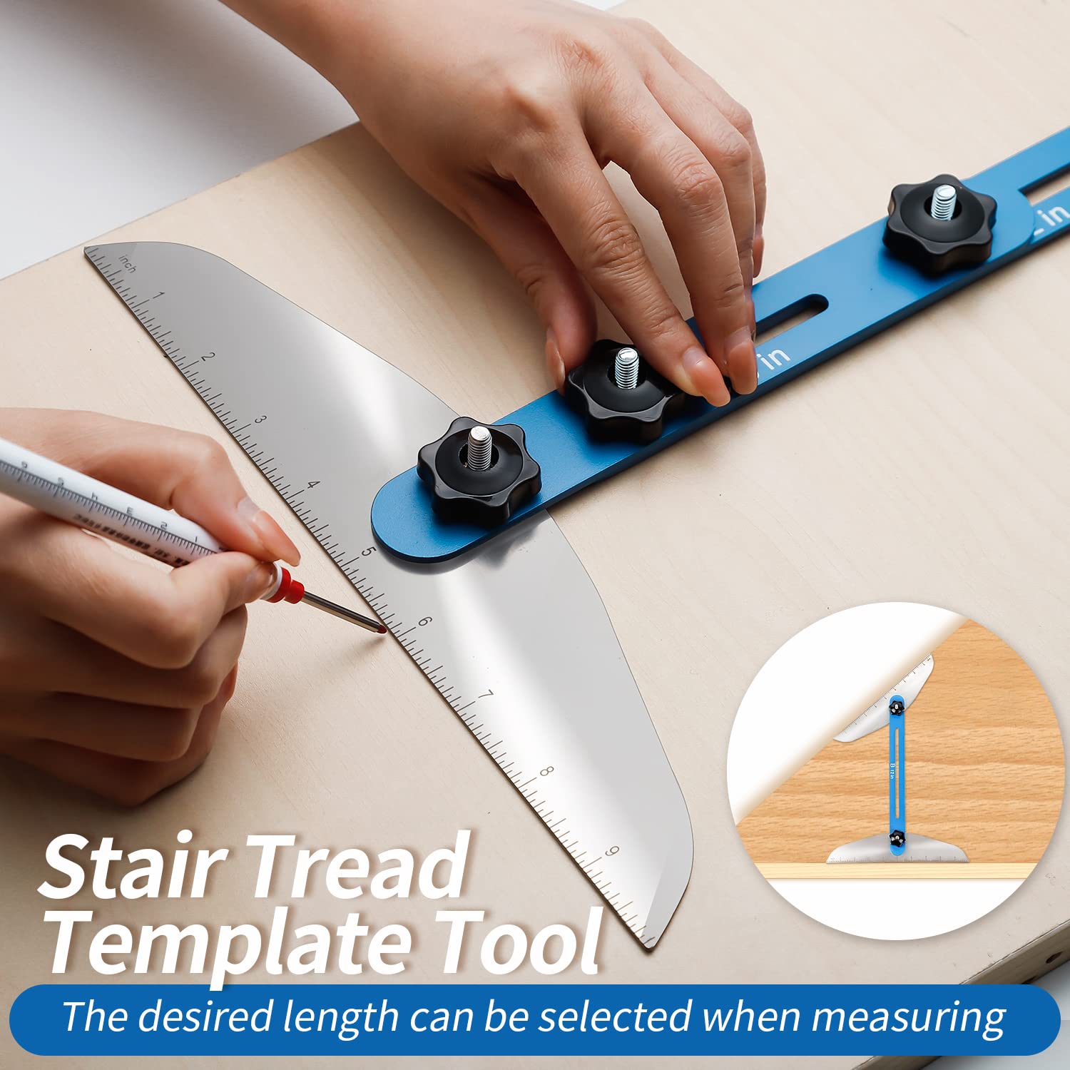 Wondgo Stair Tread Gauge Template Tool - Solid Metal Stair Fixture for Precise Angle and Length Measurement, Suitable for Stairs, Risers, Shelves, and Shelf Marking Tools for Cutting Dry Walls (Blue).