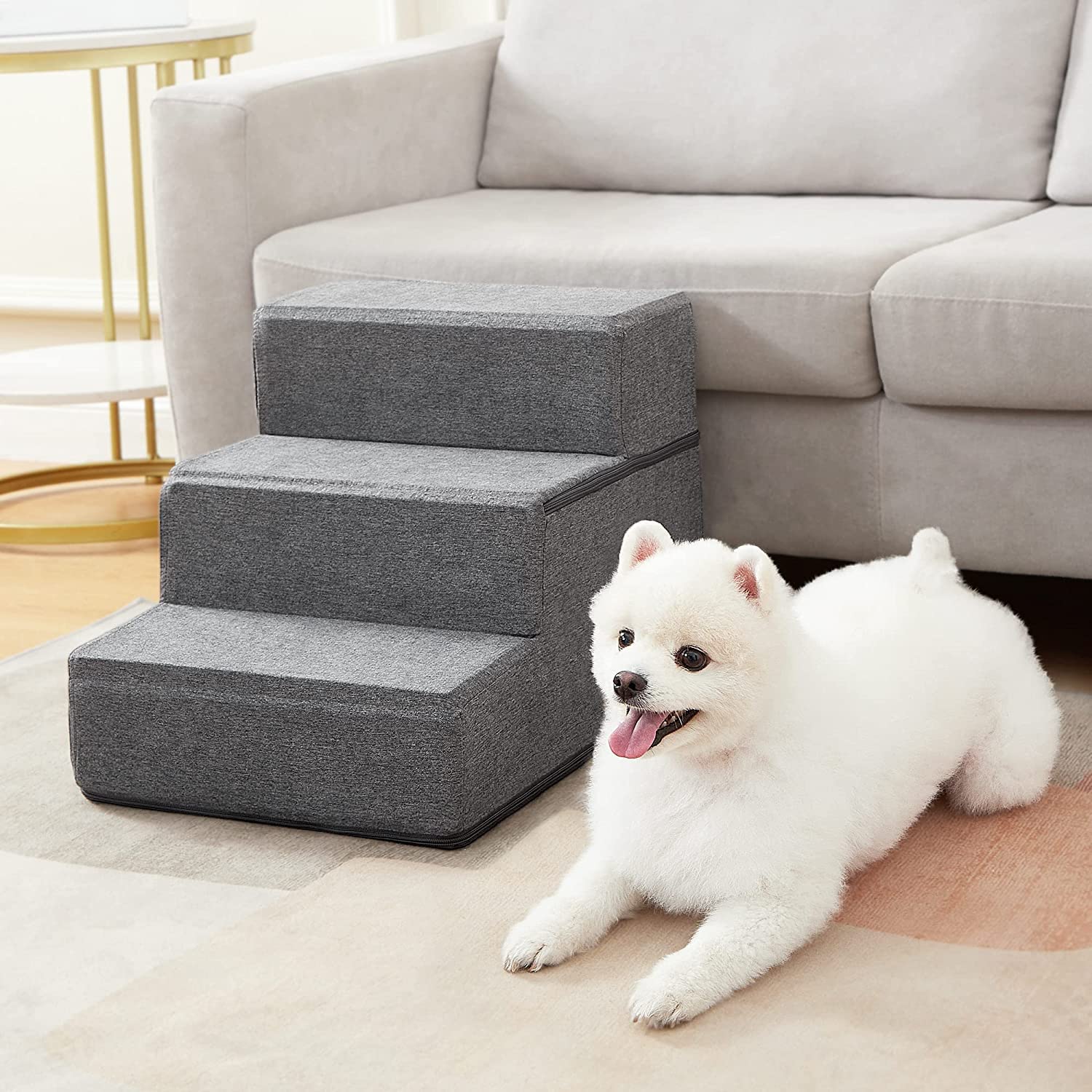 Dog Stairs & Steps for Small Dogs Cats, Pawque Pet Steps for High Bed Couch, Shock Absorbing Foam with High-Strength Boards for Pet Safe, Non-Slip Removable Washable Cover, 3-Step (13.5'' High)