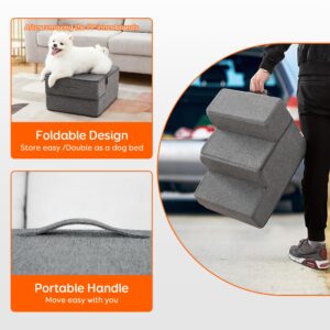 Dog Stairs & Steps for Small Dogs Cats, Pawque Pet Steps for High Bed Couch, Shock Absorbing Foam with High-Strength Boards for Pet Safe, Non-Slip Removable Washable Cover, 3-Step (13.5'' High)