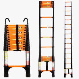 BOWEITI 15.5FT Telescoping Ladder, Portable Aluminum Extension Ladder w/Stabilizers, Lightweight Compact Telescopic Ladder 330lbs Capacity, Extension Ladder for Home, Outdoor (15.5FT,Orange)