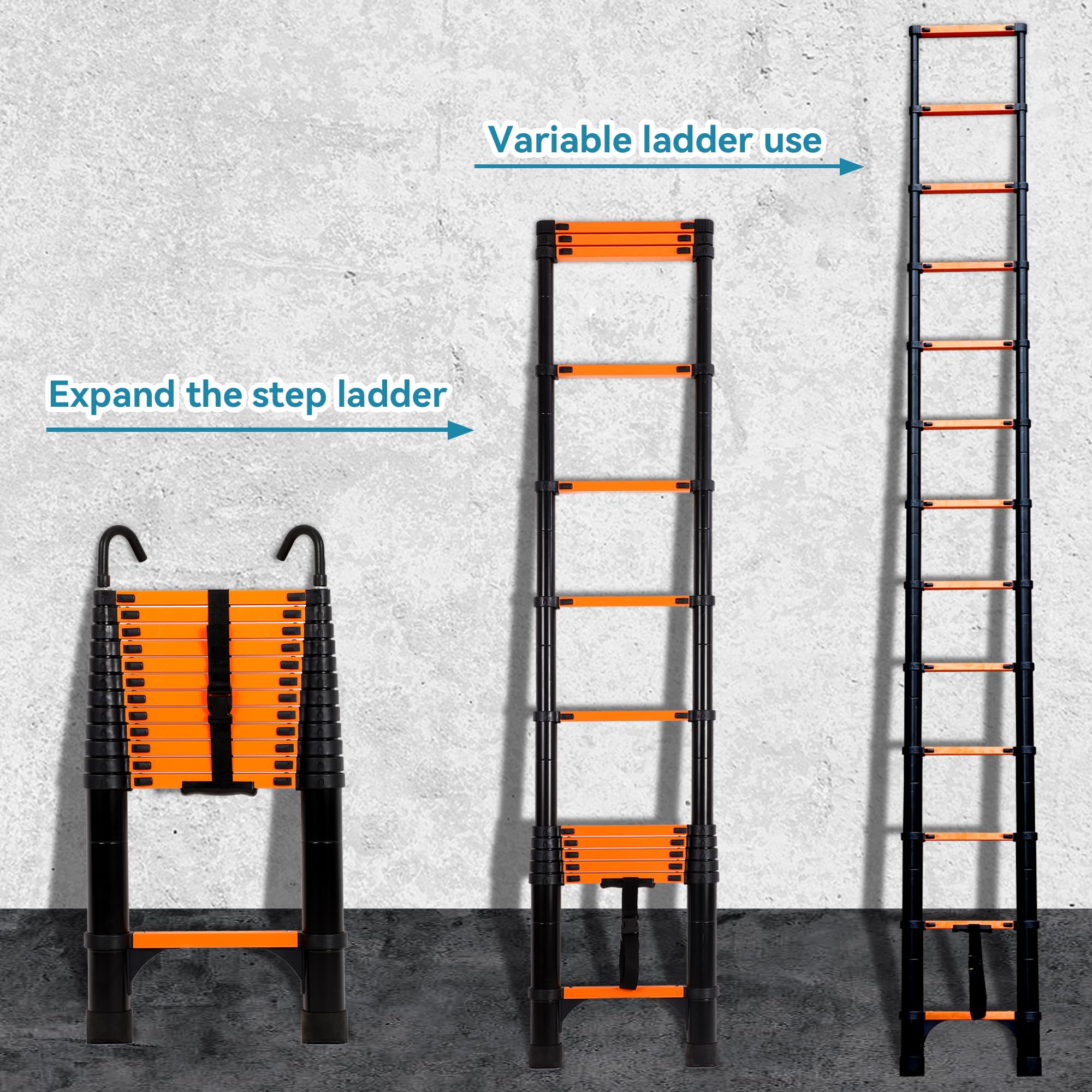 BOWEITI 15.5FT Telescoping Ladder, Portable Aluminum Extension Ladder w/Stabilizers, Lightweight Compact Telescopic Ladder 330lbs Capacity, Extension Ladder for Home, Outdoor (15.5FT,Orange)