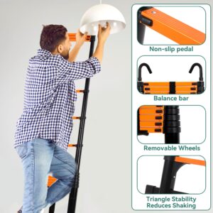 BOWEITI 15.5FT Telescoping Ladder, Portable Aluminum Extension Ladder w/Stabilizers, Lightweight Compact Telescopic Ladder 330lbs Capacity, Extension Ladder for Home, Outdoor (15.5FT,Orange)