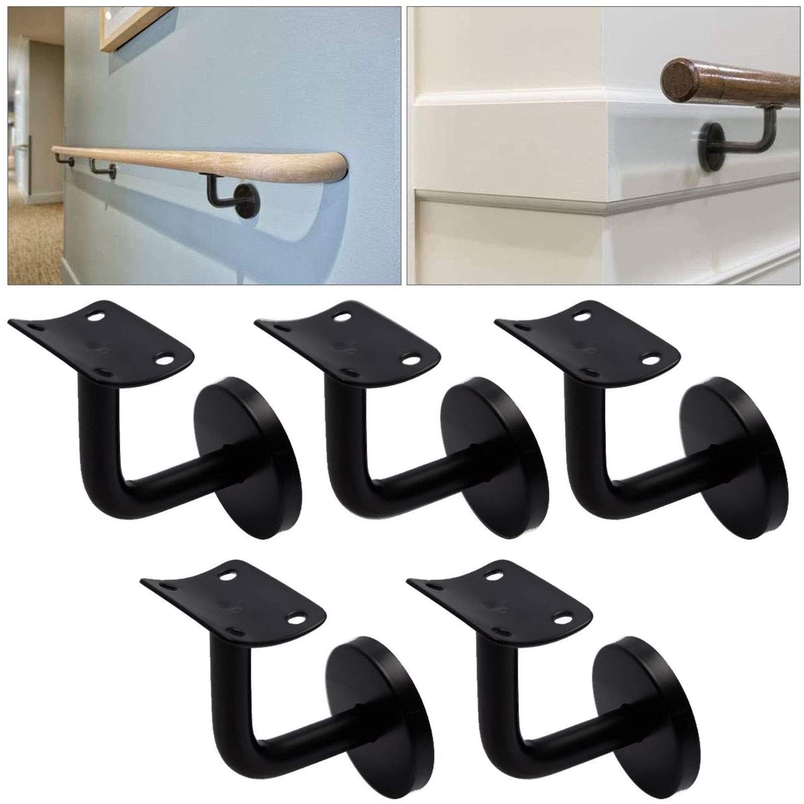 LOEQIAN 5 Pack Black Stainless Steel Handrail Bracket, Heavy Duty Staircase Handrail Brackets, Stair Railing Brackets for Handrail, Hand Rail Mounting Holders with Mounting Screws