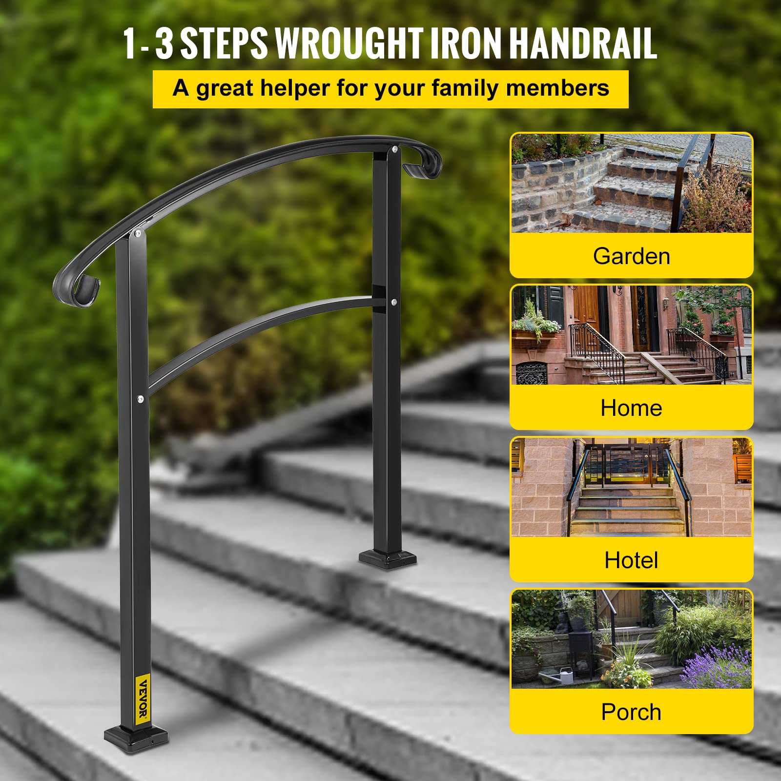 Happybuy 3-Step Transitional Handrail Fits 1 or 3 Steps Matte Stair Rail Wrought Iron Handrail with Installation Kit Hand Rails for Outdoor Steps (Unadjustable) (Black)