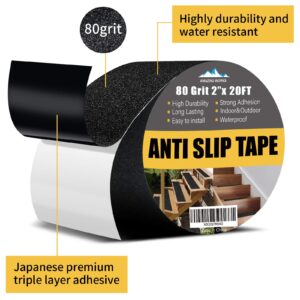 Amazing Works Grip Tape - Heavy Duty Non Skid Tape High Traction 80 Grit Non Slip for Stairs Outdoor/Indoor, Waterproof Stairs Non Skid Treads, Durable Triple Layer Adhesive 2 Inch x 20 Ft - Black