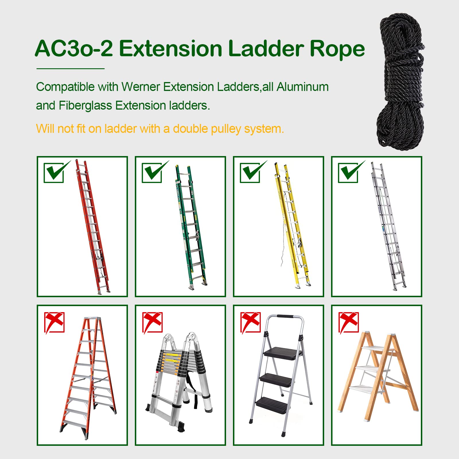 AC30-2 Extension Ladder Replacement Rope 40FT for Werner Fits All Aluminum & Fiberglass Extension Ladders Parts #6316509 (1 Pack)