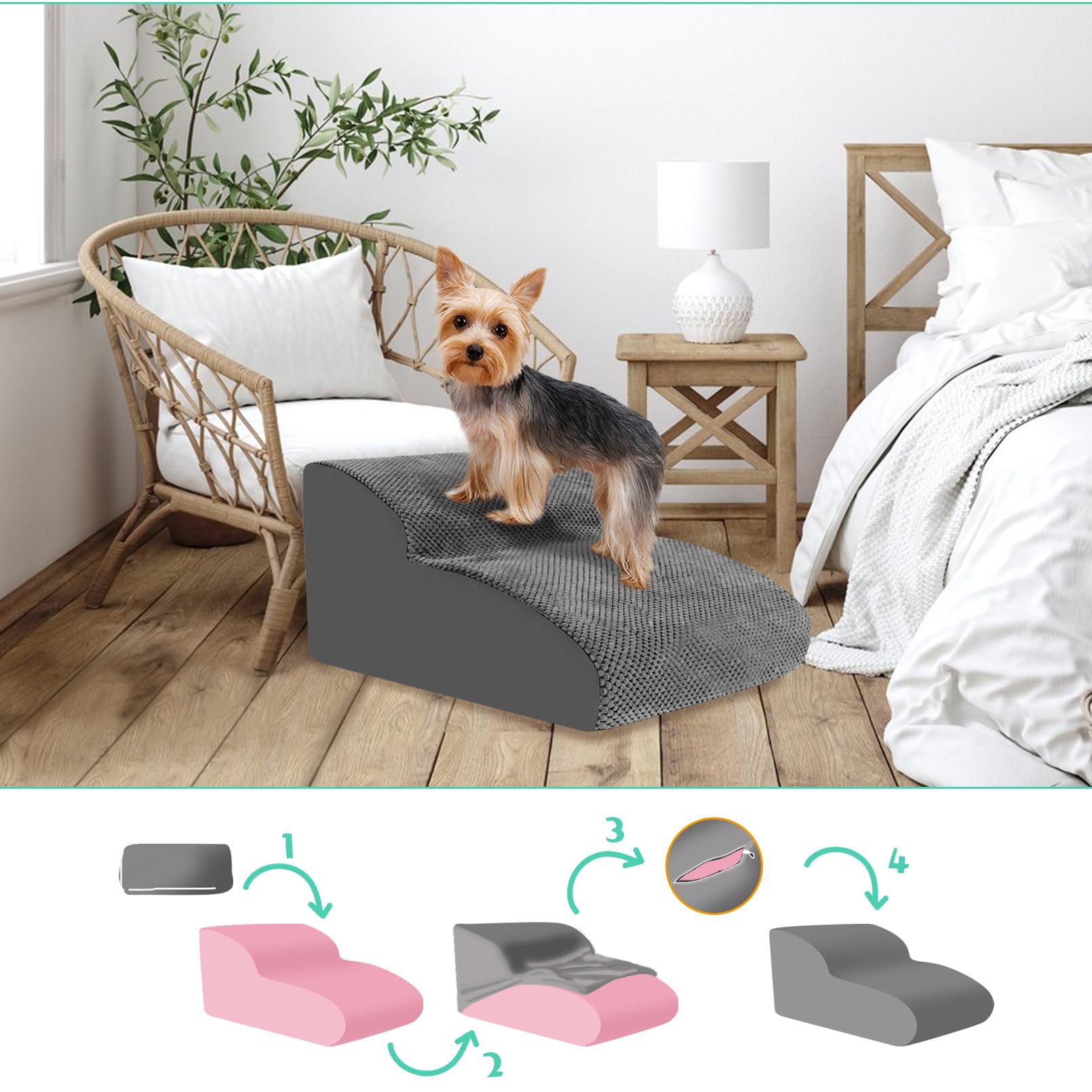 PINVNBY Dog Stairs to Bed, High Density Foam Dog Steps,Pet Stairs for Small Dog,Pet Steps Suitable High Bed Chair and Sofa,Dog Ramp for Small Short Leg Dogs,Older Dogs,Injured Pet (2 Tiers-Gray)