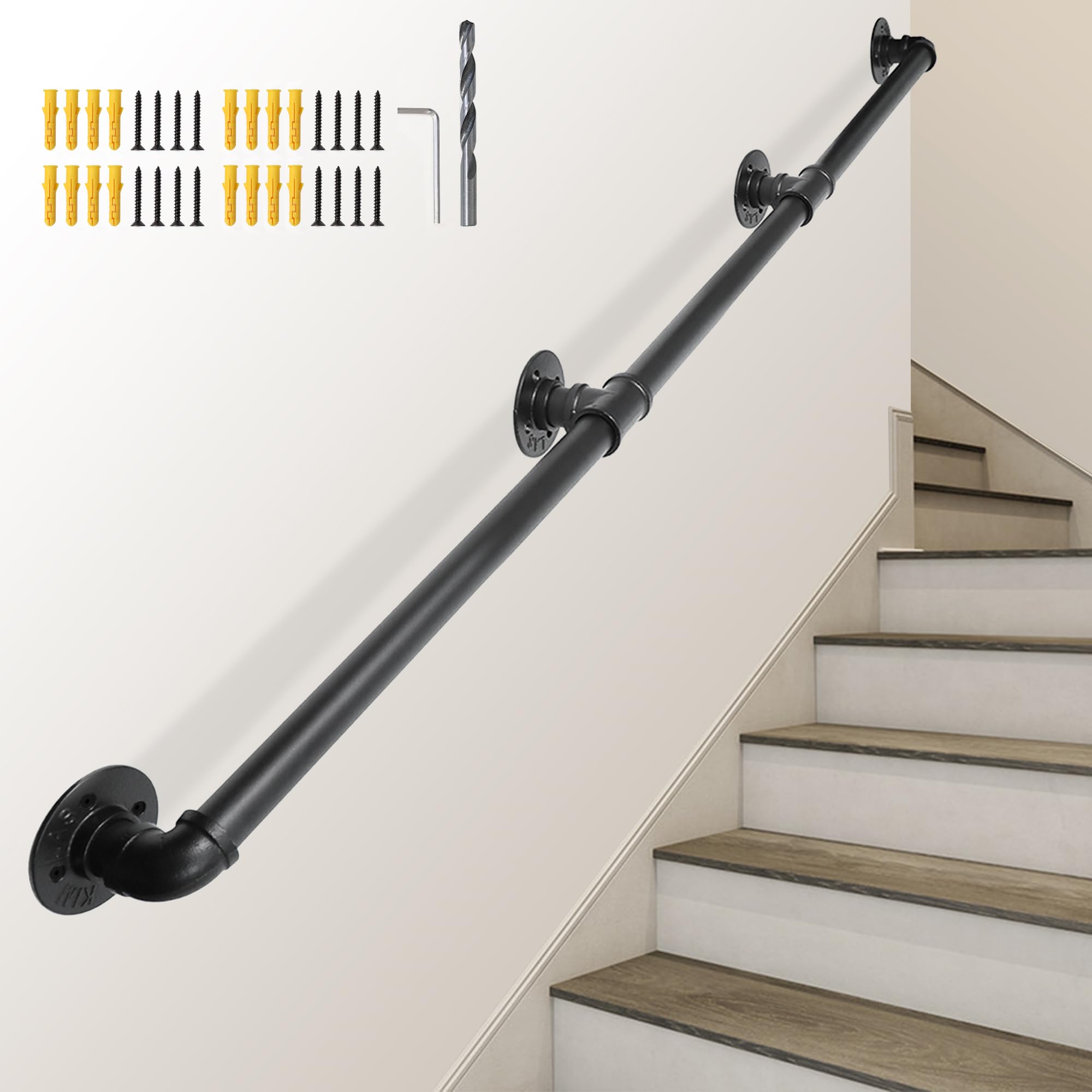 SCIEO 11.4FT Hand Rails for Indoor Stairs Industrial Staircase Handrail, Wall Mount Stair Banister Railing Metal Galvanized Steel Handrails Non-Slip Grab Bar for Indoor Outdoor Steps Stairs Porch