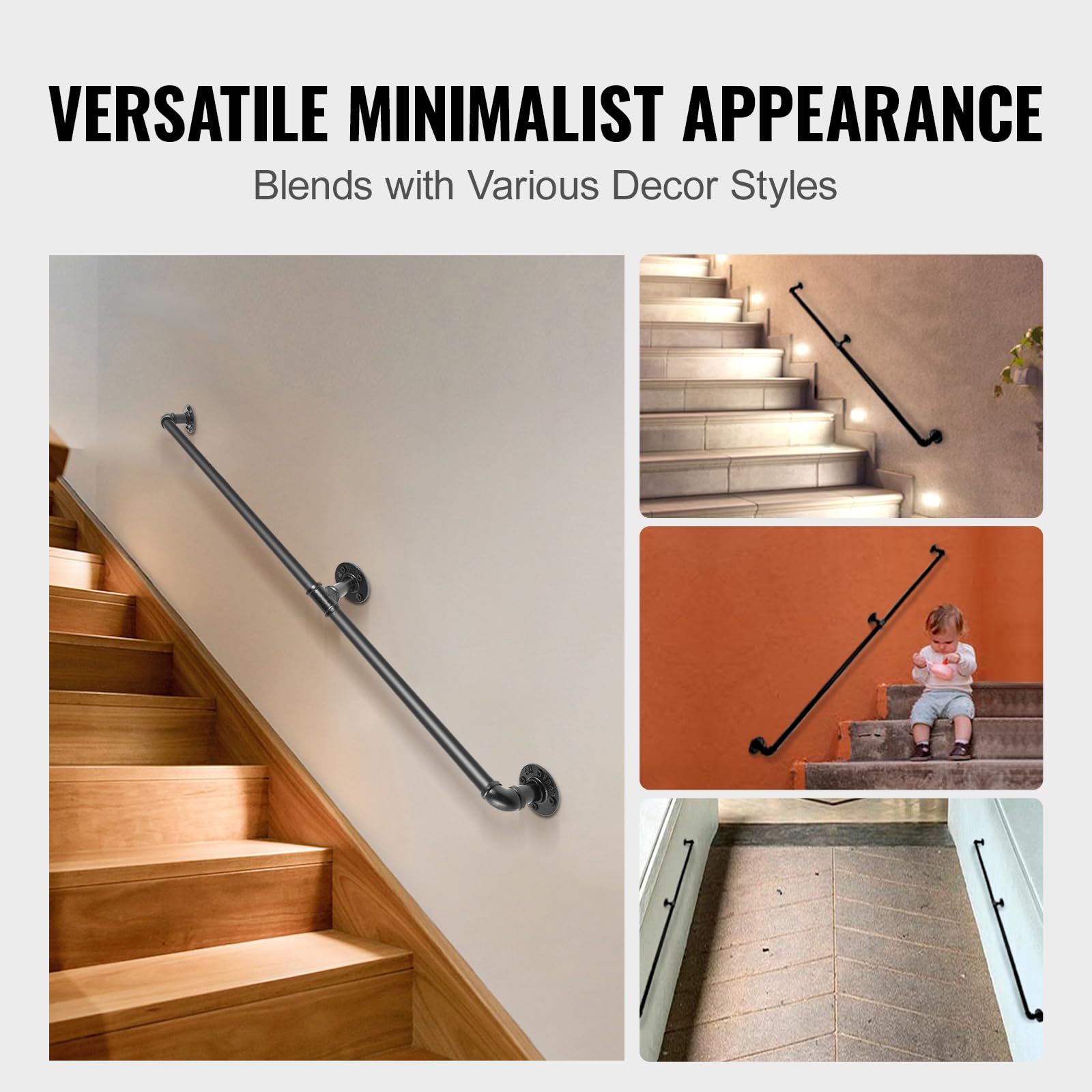 VEVOR Pipe Stair Handrail, 6FT Staircase Handrail, 440LBS Load Capacity Carbon Steel Pipe Handrail, Industrial Pipe Handrail with Wall Mount Support, Round Corner Wall Handrailings for Indoor, Outdoor