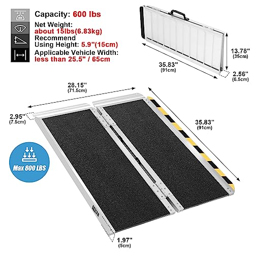 BEJONI 3FT Wheelchair Ramp, 600 lbs Capacity Non-Slip Aluminum Folding Handicap Ramp, Portable Wheelchair Ramps for Home, Steps, Stairs, Doorways, Curbs