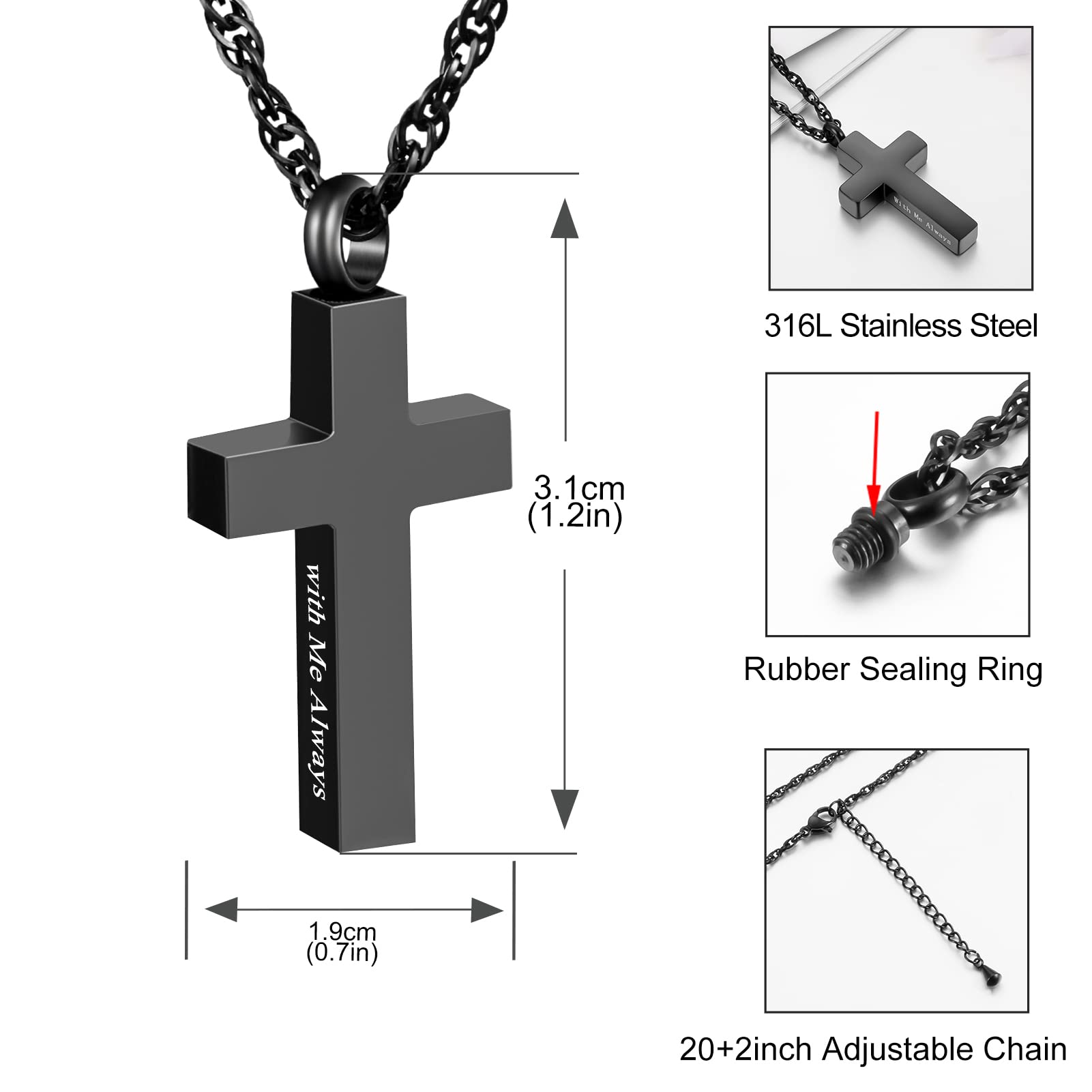 Cremation Cross Necklace for Ashes Stainless Steel Cross Urn Pendant Ashes Holder Memorial Jewelry-With Me Always