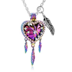 shajwo dream catcher urn necklace heart cremation jewelry for ashes for women men angel wing flower memorial hollow pendant,full rainbow