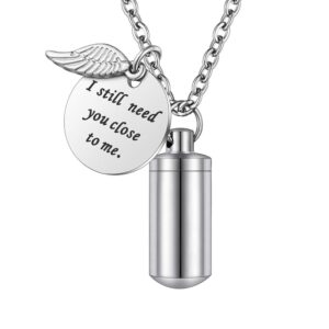 abooxiu Cylinder Urn Necklace for Ashes Cremation Jewelry/Keychain for human Pet Stainless Steel Memorial Keepsake Pendant with Angel Wing Charm Ashes Jewelry-Silver S