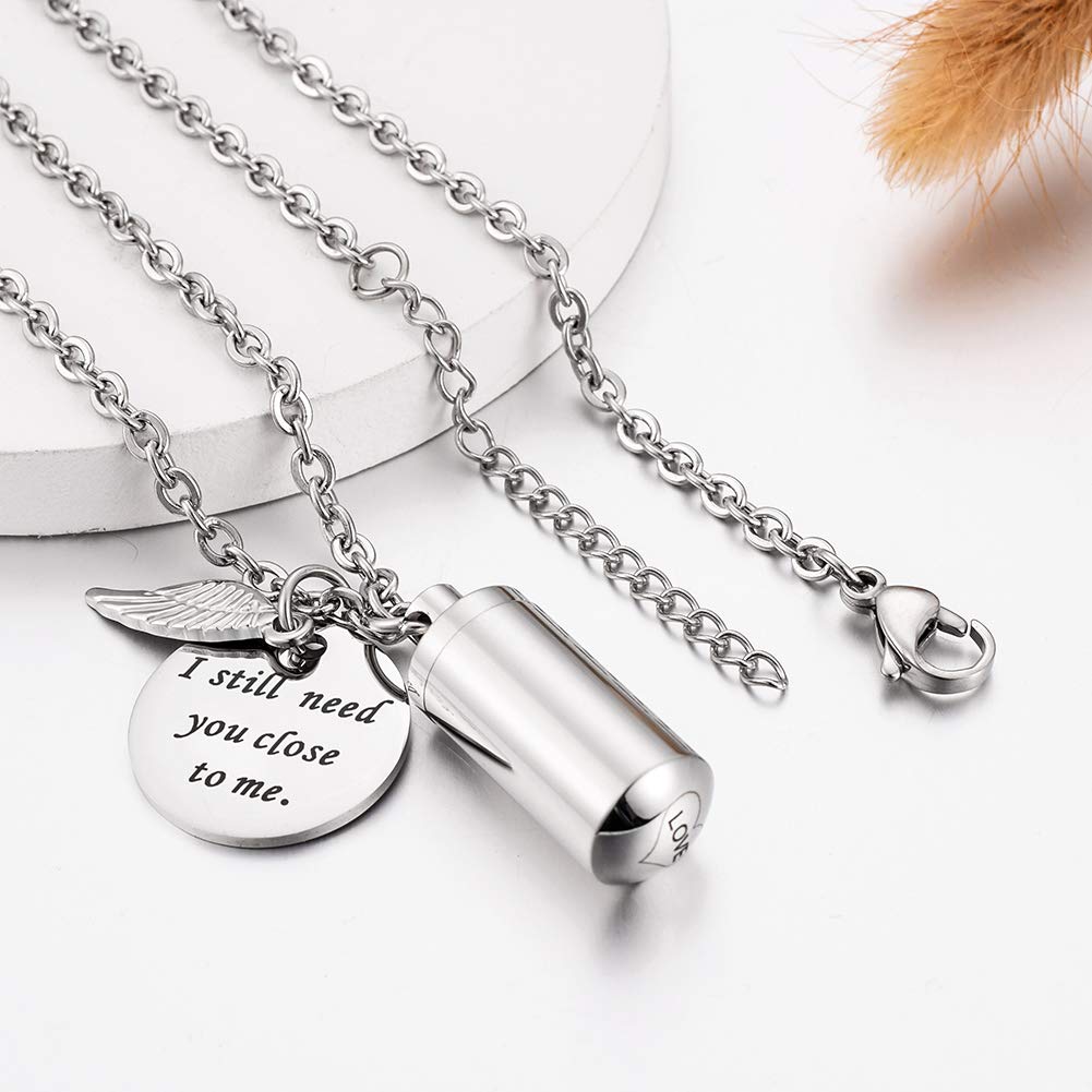 abooxiu Cylinder Urn Necklace for Ashes Cremation Jewelry/Keychain for human Pet Stainless Steel Memorial Keepsake Pendant with Angel Wing Charm Ashes Jewelry-Silver S