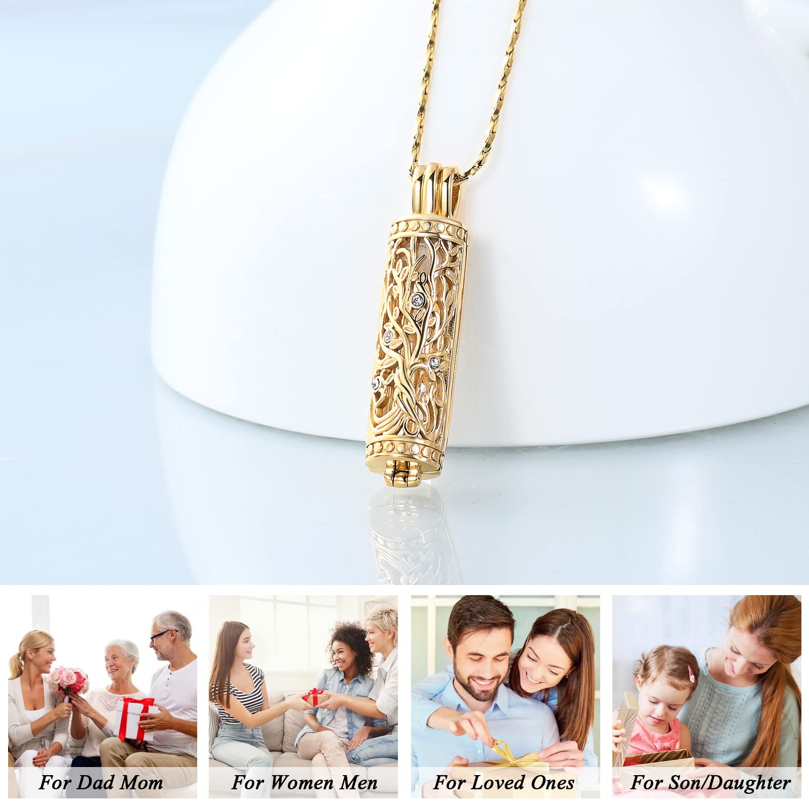 Imrsanl Cremation Jewelry Urn Necklace for Ashes Pendant with Hollow Glass Vial Cylinder Cremation Keepsake Memorial Lockets Ashes Holder for Women Men Pet (Tree of Life-Gold)