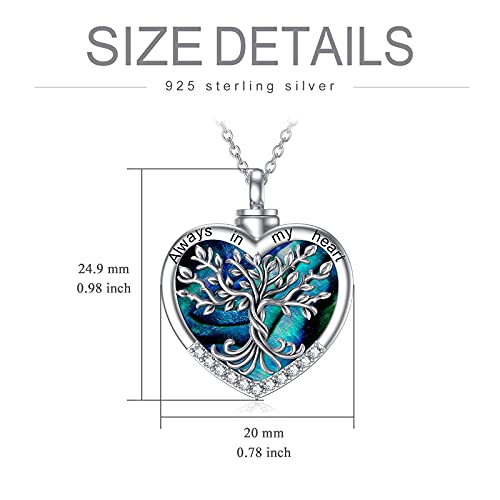 TOUPOP Heart Tree of Life Urn Necklace for Ashes Sterling Silver Abalone Shell Tree of Life Cremation Jewelry w/Funnel Filler Memorial Jewelry Gifts for Women Girls