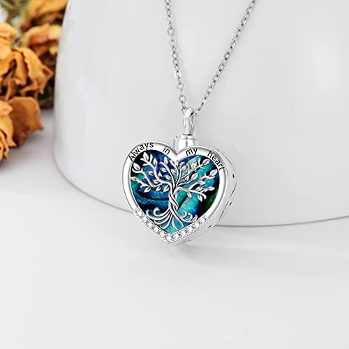 TOUPOP Heart Tree of Life Urn Necklace for Ashes Sterling Silver Abalone Shell Tree of Life Cremation Jewelry w/Funnel Filler Memorial Jewelry Gifts for Women Girls