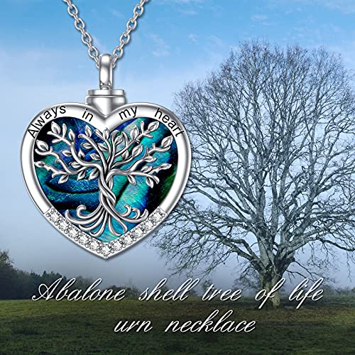 TOUPOP Heart Tree of Life Urn Necklace for Ashes Sterling Silver Abalone Shell Tree of Life Cremation Jewelry w/Funnel Filler Memorial Jewelry Gifts for Women Girls