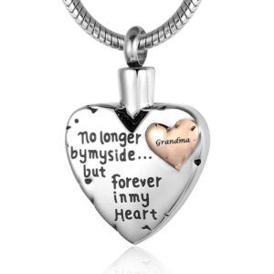 RIMZVIUX Grandma Urn Necklace for Ashes 316L Stainless Steel Heart Cremation Jewelry Urn Pendant Charm No Longer By My Side Forever in My (Grandma) …