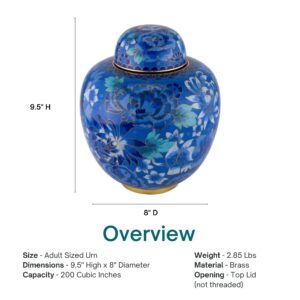 Azure Blue Cloisonne Cremation Urn for Ashes, Metal, Blue Enameled Urn, Adult Sized Cremation Urn, 9.5 Inches High