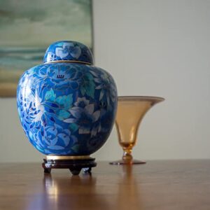 Azure Blue Cloisonne Cremation Urn for Ashes, Metal, Blue Enameled Urn, Adult Sized Cremation Urn, 9.5 Inches High