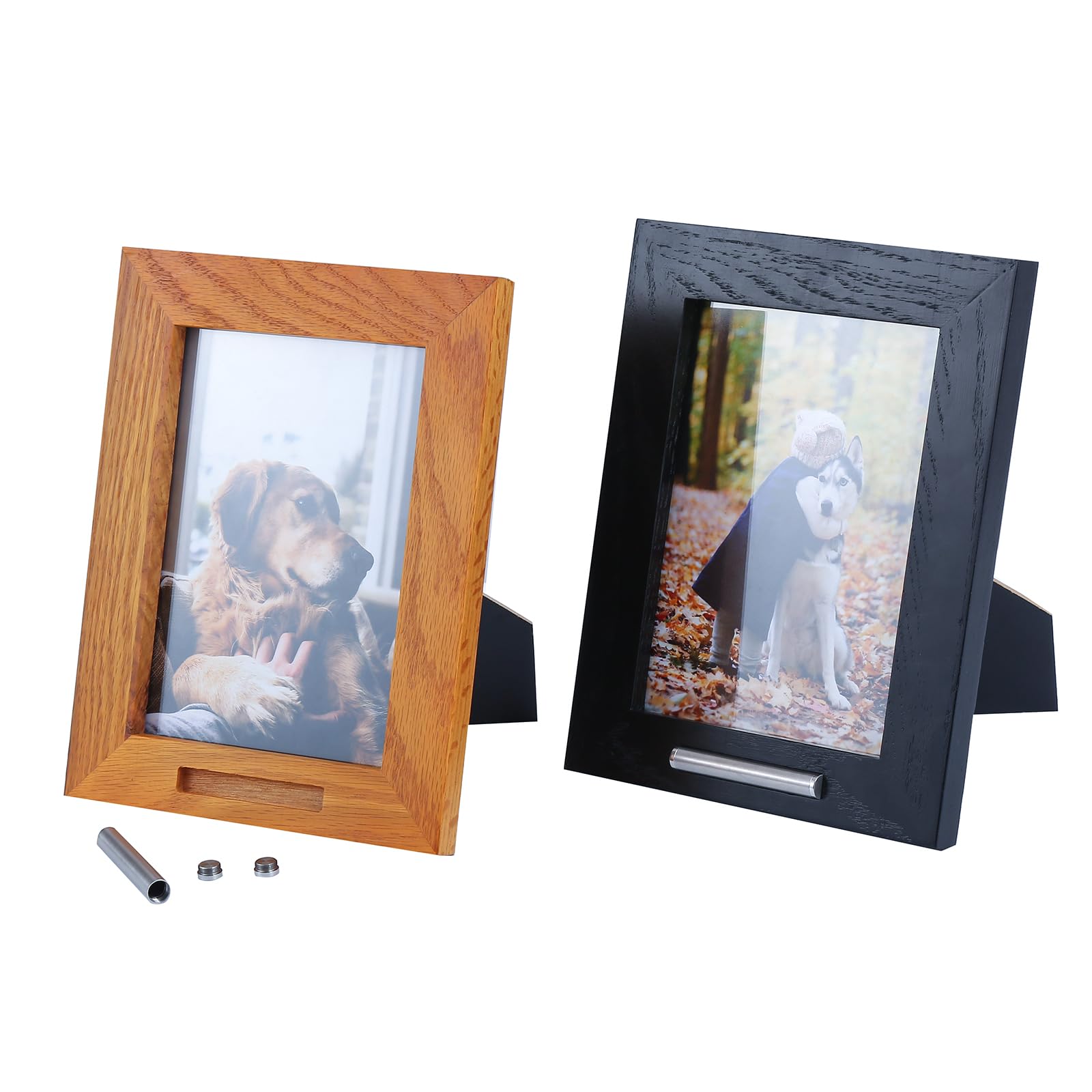 HLmjever Memory Picture Wood Frame 7'' Photo With Stainless Steel Cylinder Cremation Urn For Lovers to Keep Memories Alive, Mini Keepsake with 5'' x 7'' Oka Wood Black Photo Frame Gift