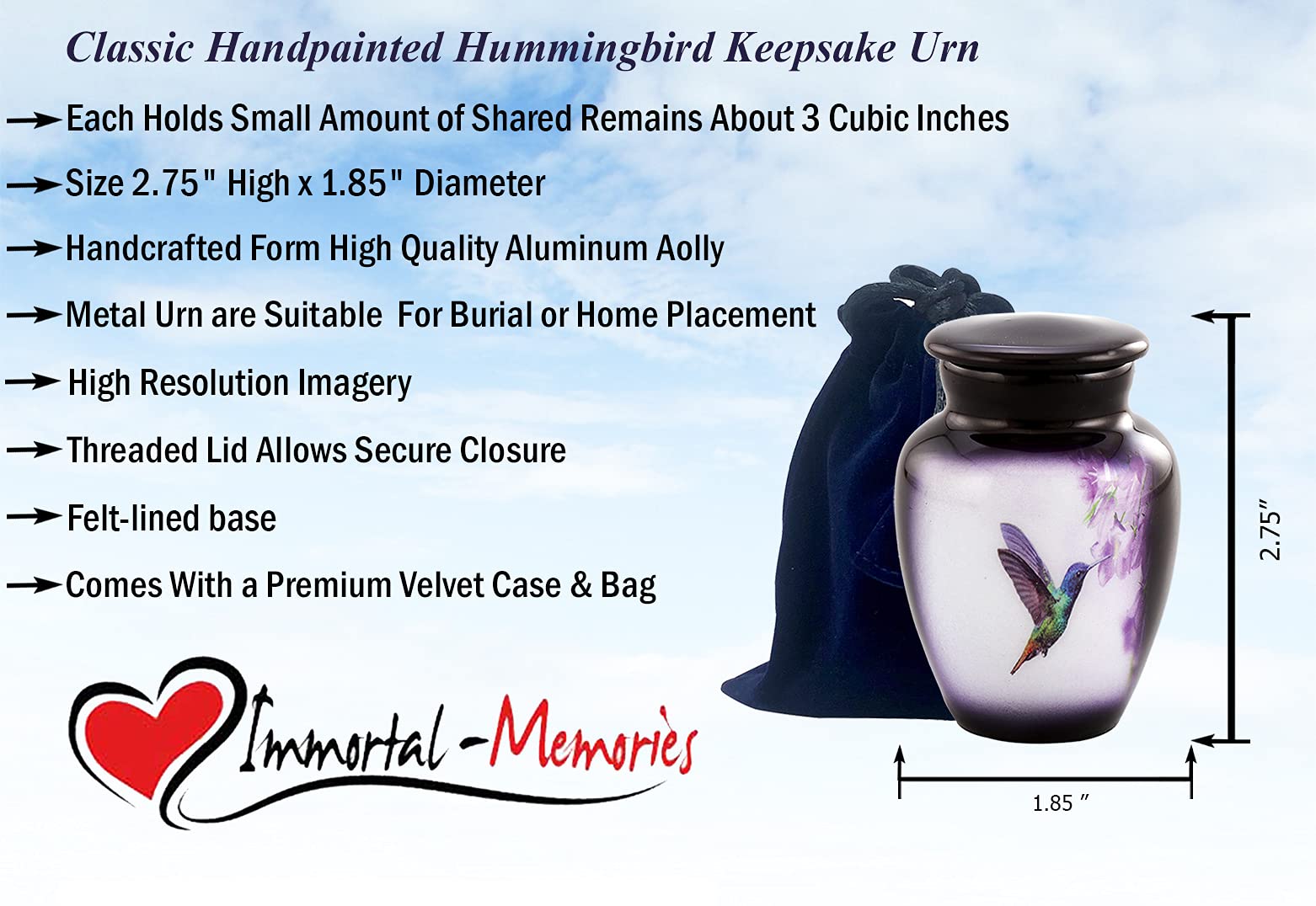 Hummingbird Keepsake Urn, Hummingbird Mini Urn for Ashes, Hand Painted Token Urn, Handmade Minature Urn with Velvet Case & Bag (Keepsake)