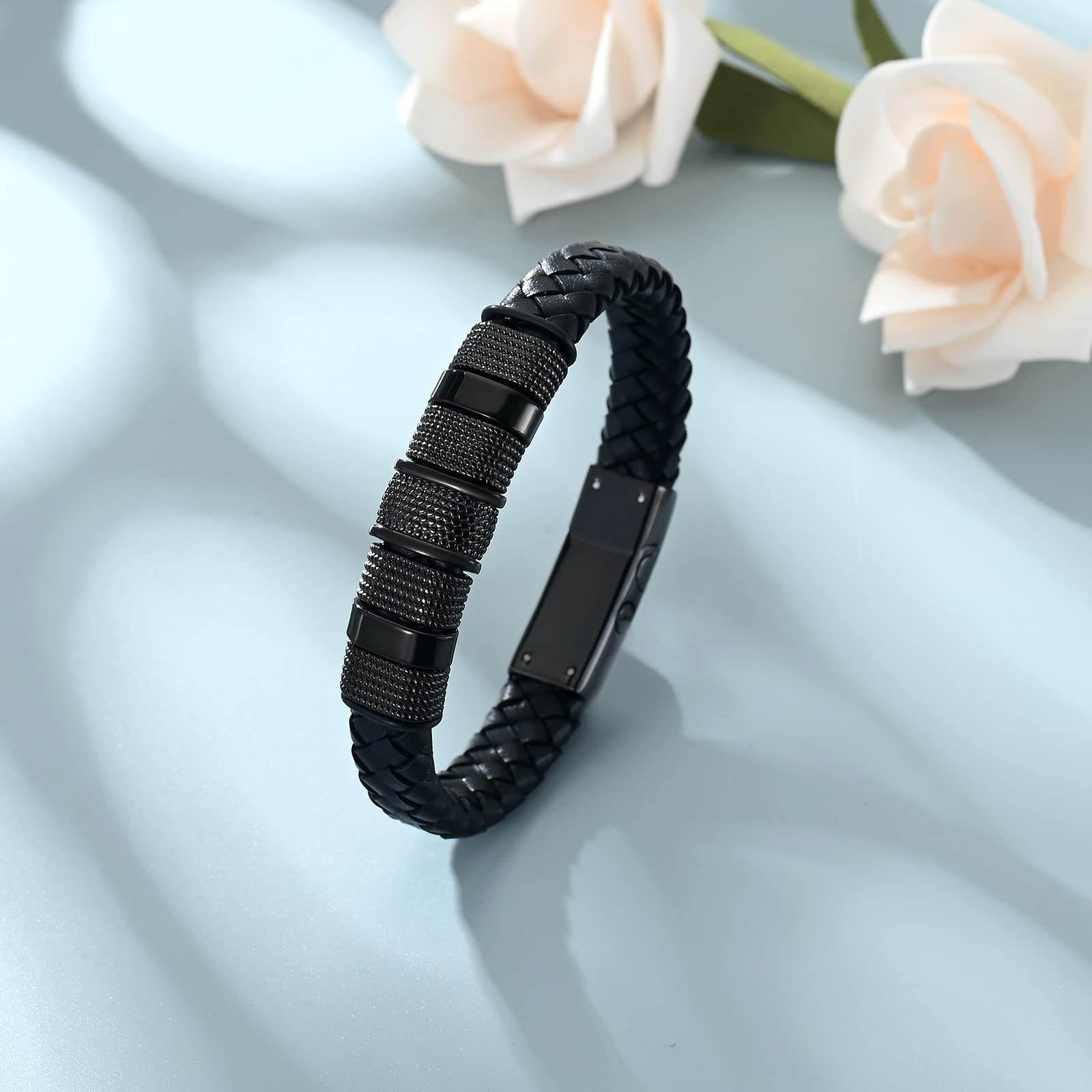 shajwo Cremation Urn Bracelet for Ashes Jewelry for Women Men Memorial Keepsake Cuff Bangle Leather Bracelet,Black 22cm