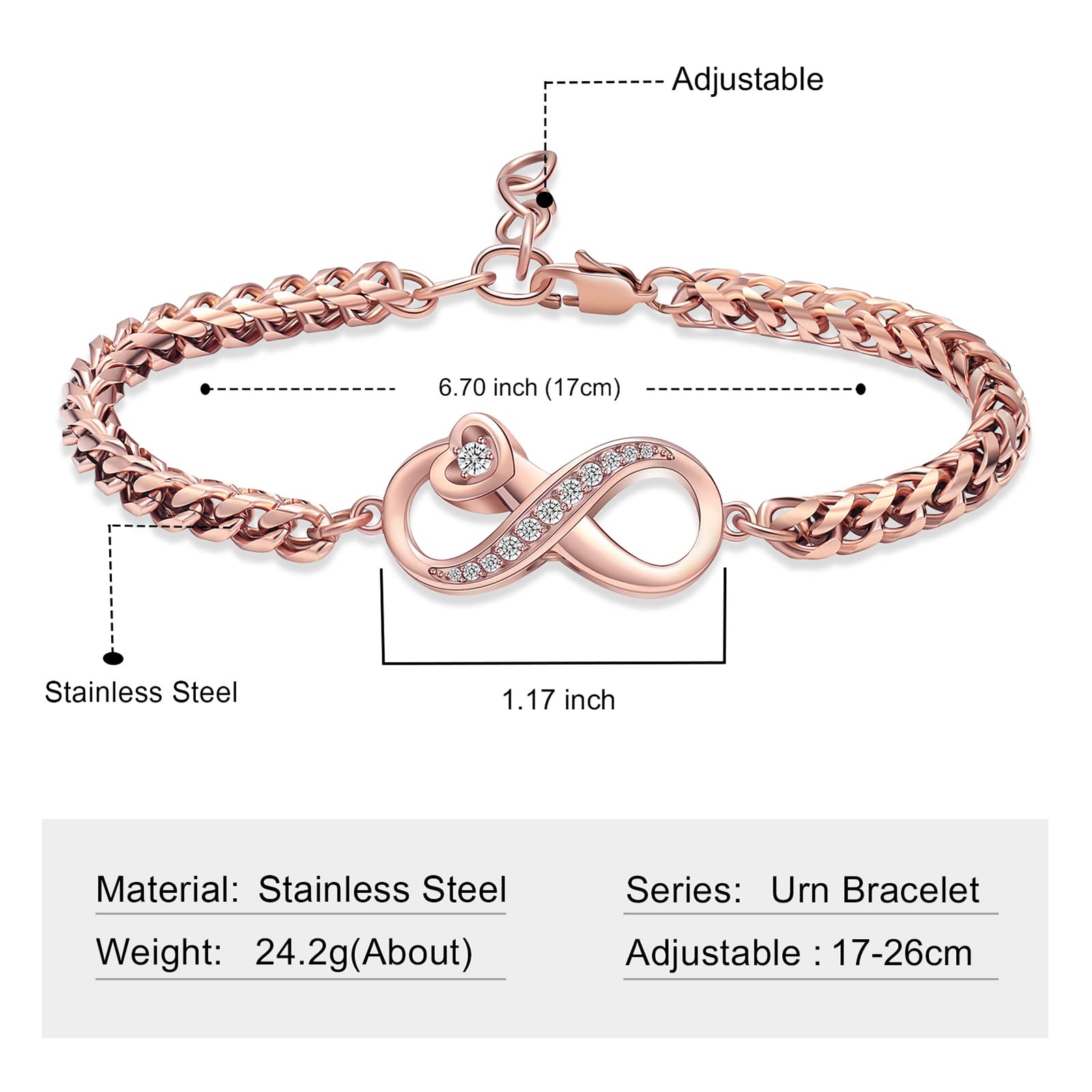 Imrsanl Cremation Jewelry Infinity Urn Bracelet for Ashes Stainless Steel Ashes Bracelet Bangles Keepsake Memorial Jewelry Ash Holder for Women Men - Adjustable (Infinity-Rose)