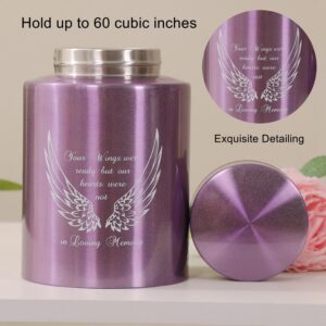 Medium Urns for Human Ashes Up to 60 Cubic Inches Medium Sized Urns for Ashes Adult Male Female Keepsake Cremation Urns for Ashes Stainless Steel (Angel Wings, Purple)