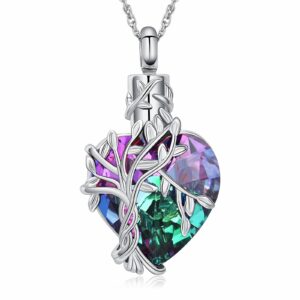 shajwo tree of life cremation heart urn ashes necklace for women men cremation crystals ash pendant loved one memorial jewelry,silver-purple green