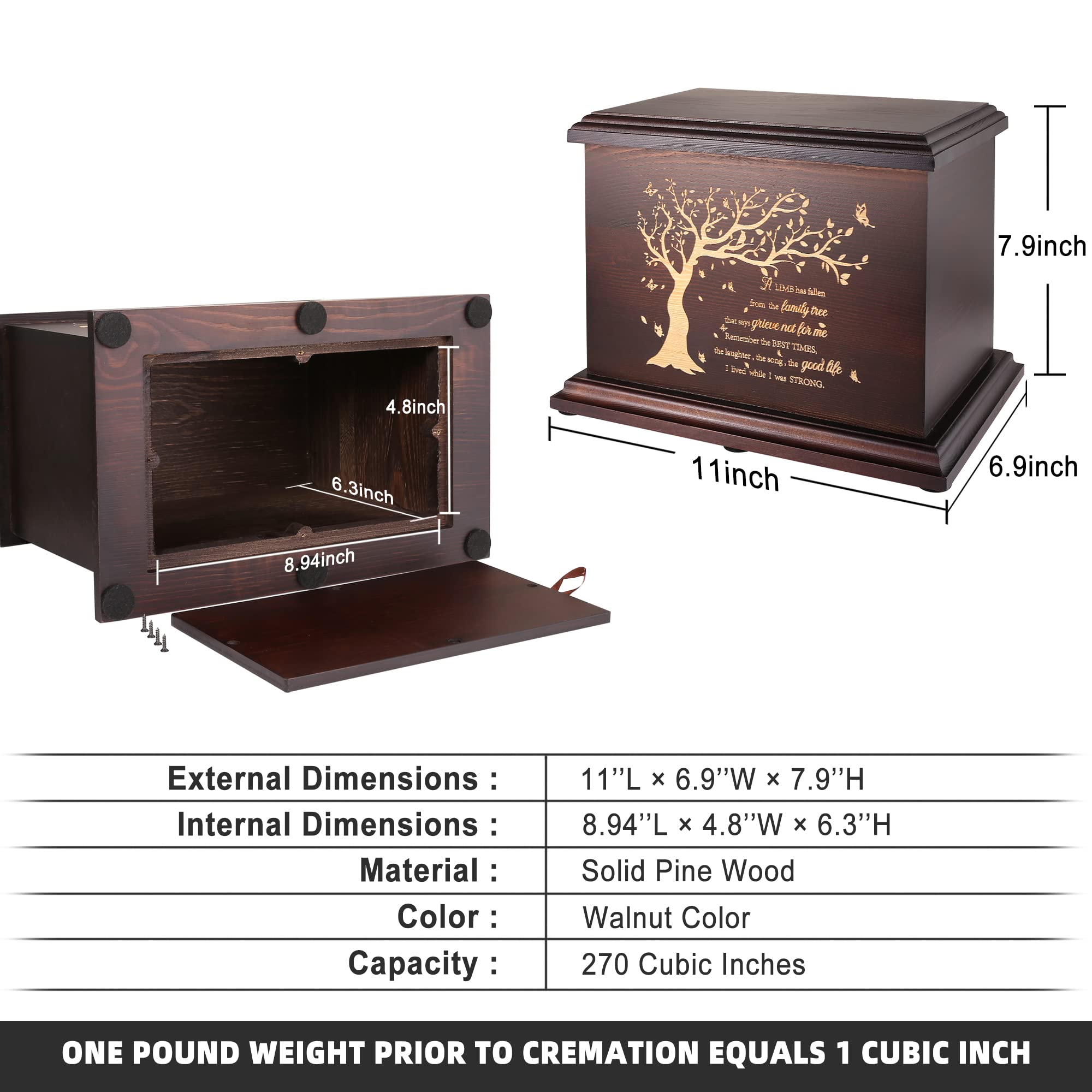 Cremation Memorial Urns for Human Ashes Adult Male Female, Wooden Urns Box and Casket for Ashes Men Women Child, Large Burial Funeral Urns for Ashes, Holds Up to 270 LBS