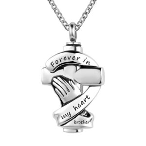 YSAHan Cross Urn Necklaces for Ashes Praying Hands Cremation Memorial Stainless Steel Pendant Jewelry Forever in My Heart with Brother