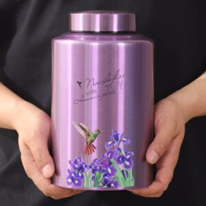 Urns for Human Ashes Adult Female Up to 220 lbs,Purple Hummingbird Urns for Mom Ashes with Velvet Bag,Decorative Urns for Ashes Adult Women,Cremation urn Female (Hummingbird-Purple Flower, Purple)