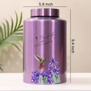 Urns for Human Ashes Adult Female Up to 220 lbs,Purple Hummingbird Urns for Mom Ashes with Velvet Bag,Decorative Urns for Ashes Adult Women,Cremation urn Female (Hummingbird-Purple Flower, Purple)