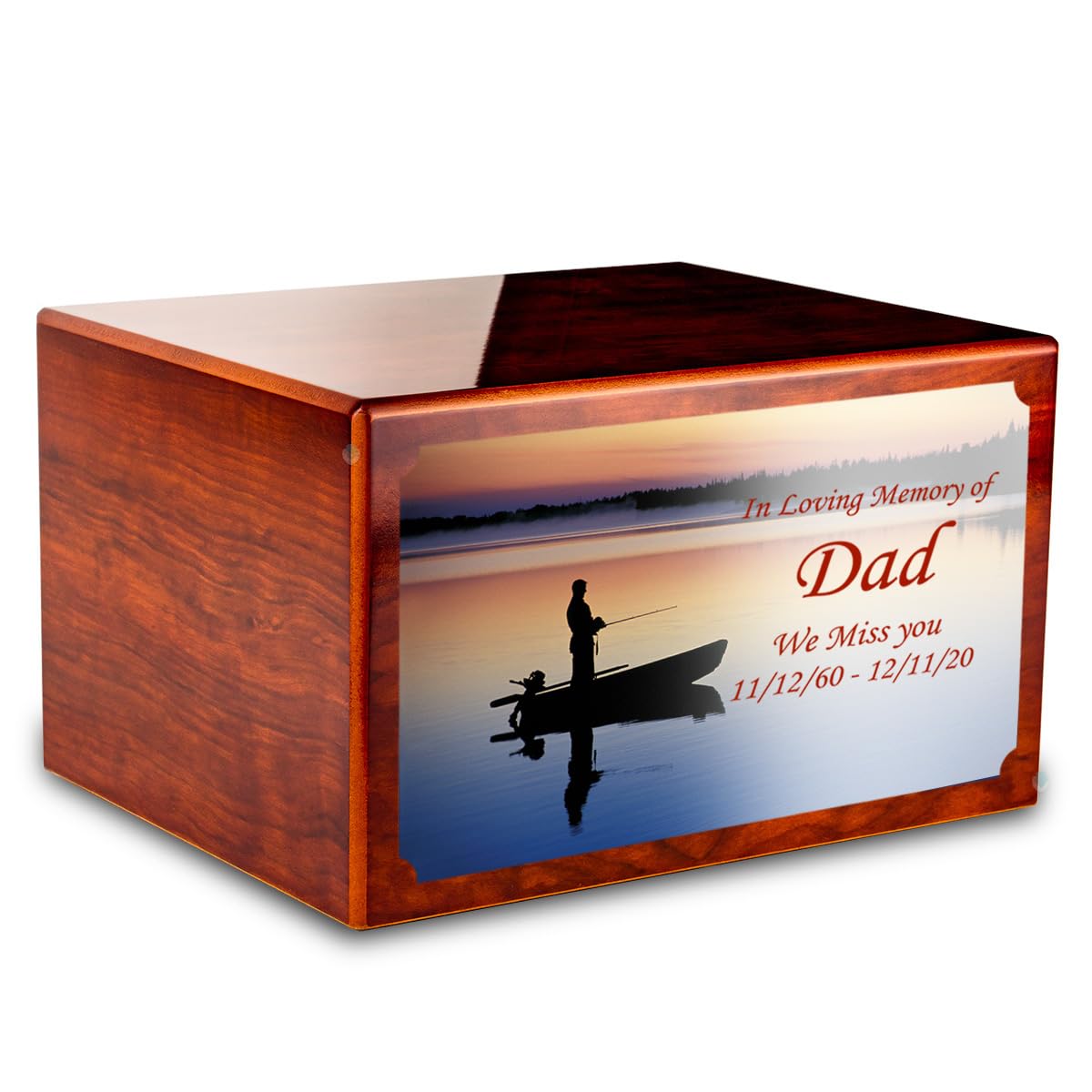 GetUrns Heritage Rosewood Adult Cremation Urn Memorial Box for Ashes with Custom Printing (Fishing)