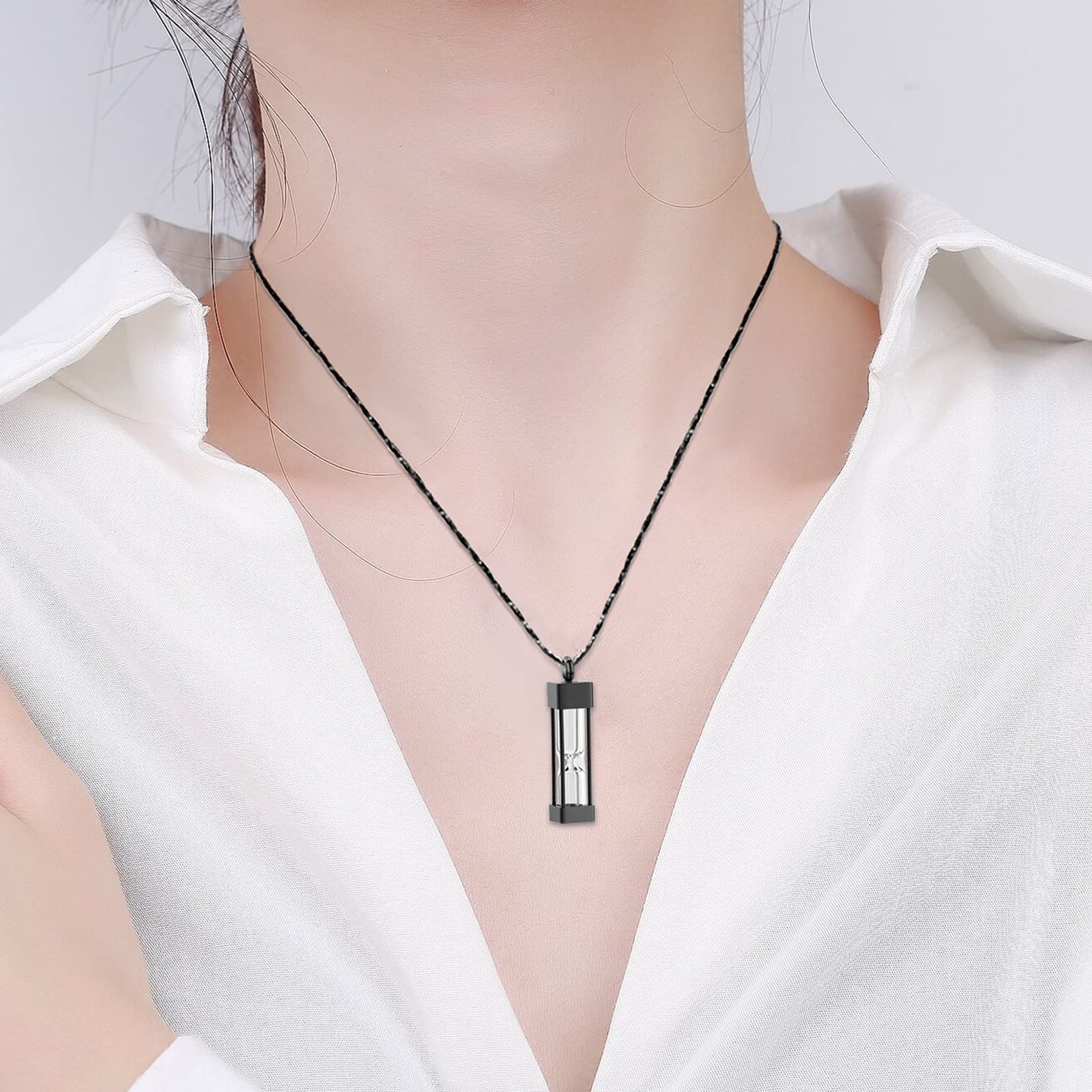 Imrsanl Glass Hourglass Cremation Jewelry Container Vial Urn Necklace Pendant Stainless Steel Cylinder Bottle Memorial Cremation Keepsake Jewelry for Women/Men (Black)