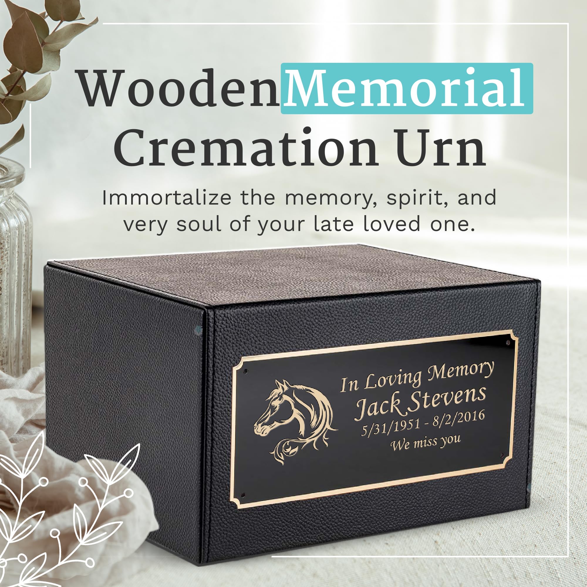 GetUrns Custom Engraved Heritage Leather Adult Cremation Urn Memorial Box for Ashes (Horse)