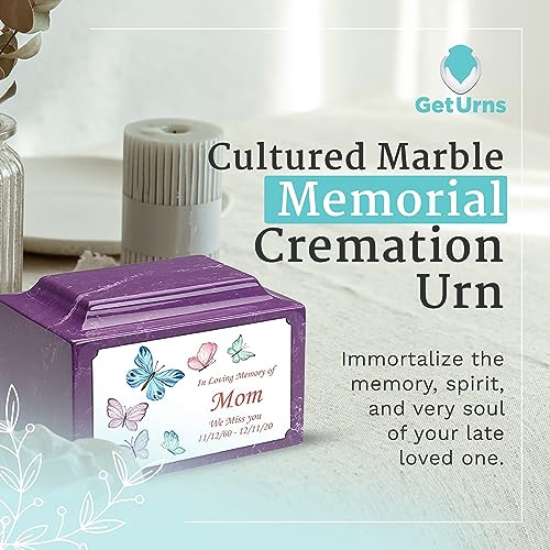 GetUrns – Legacy Cultured Marble Urn by Mackenzie, Adult Size Cremation Urns, Custom UV Printed Burial Urn for Ashes, 210 Cubic Inch Cemetery Urns for Ashes, Butterfly, Amethyst