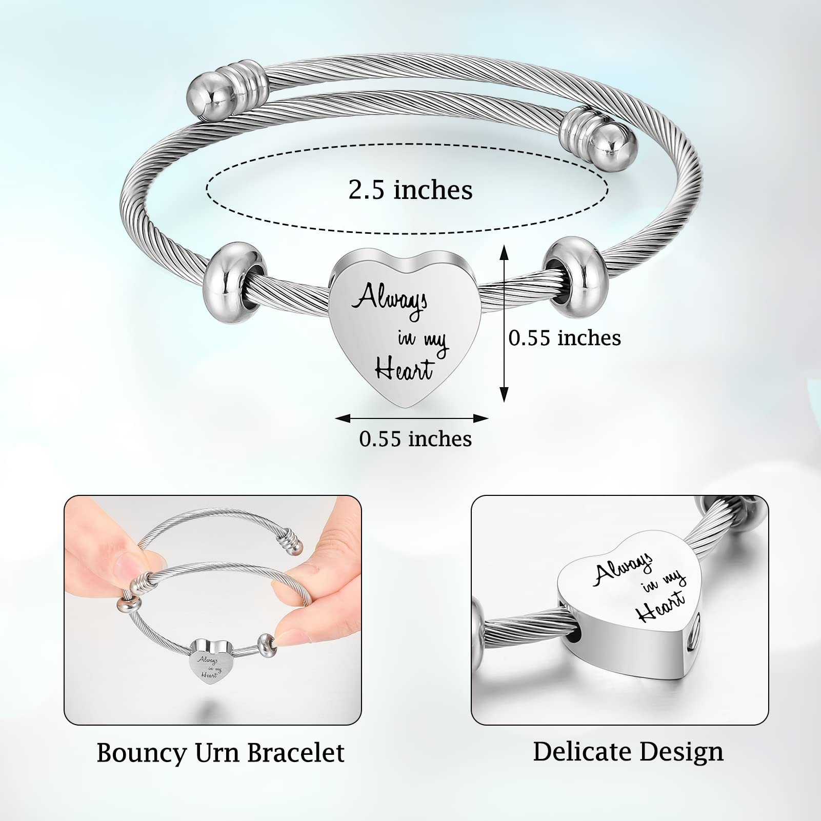 abooxiu Urn Bracelet for Ashes Heart Ashes Bracelet Cremation Jewelry for Ashes Stainless Steel Urn Bangles for Ashes Memorial Keepsake Cremation Bracelet for Ashes for Women Men - Always in my Heart