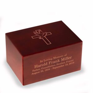 deering moments custom engraved lacquered rosewood funeral cremation urn for human ashes, religious cross with dove (x-large)