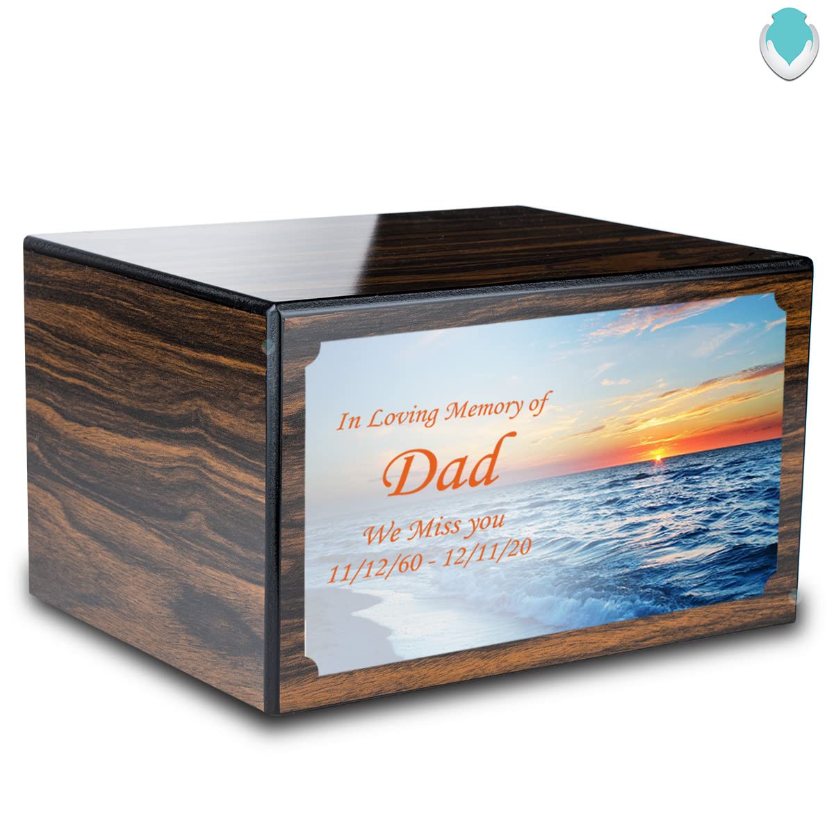 GetUrns Heritage Espresso Adult Cremation Urn Memorial Box for Ashes with Custom Printing (Ocean Sunset)