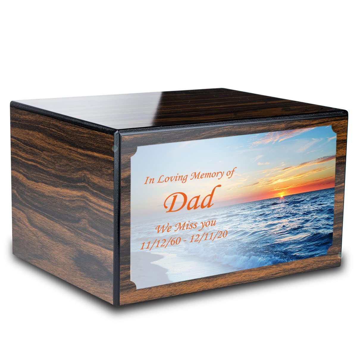 GetUrns Heritage Espresso Adult Cremation Urn Memorial Box for Ashes with Custom Printing (Ocean Sunset)